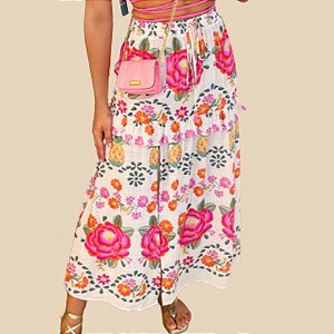Saia Farm Midi Estampada Delicadeza Tropical