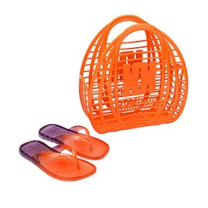 Kit Sandália Melissa Beachwear Bolsa Praia AD Laranja Roxo