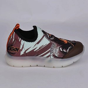 Tênis Kidy Flex Light Pisca Pisca Dinossauro Marrom Laranja