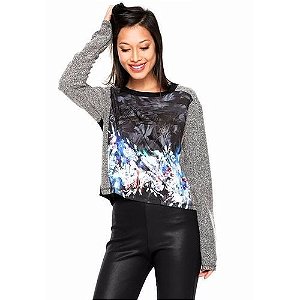 BLUSA MANGA LONGA ELLUS CREPE FLOWER VISION FEMININA