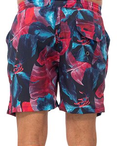 SHORT FOLHAS VERMELHAS E FLORES AZUIS MASCULINO RED FEATHER