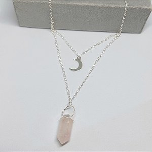 Gargantilha de Quartzo Rosa e Lua - 45cm