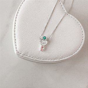 Colar coração Espírito Santo com zircônias acqua e rosa 19mm 45cm v12