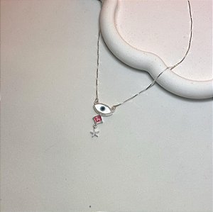 Gargantilha Olho Grego em Madrepérola com Rubi Rose e Estrela