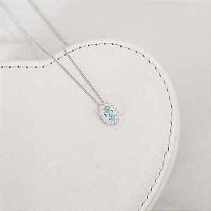 Colar zircônia oval azul com cravejado 10mm corrente cadeado 45cm