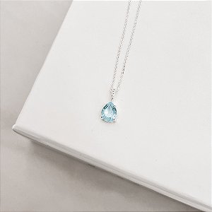 Colar pingente zircônia gota azul 10x8mm elo cravejado  45cm