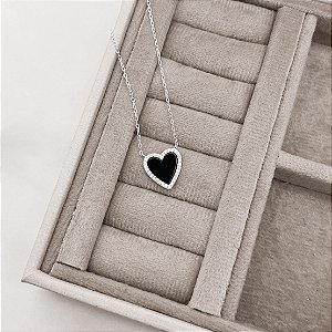 Colar coração pedra ônix com cravejado 13mm corrente cadeado 45+5cm