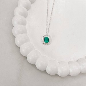 Colar zircônia retangular acqua com cravejado 13mm corrente cadeadinho 45cm