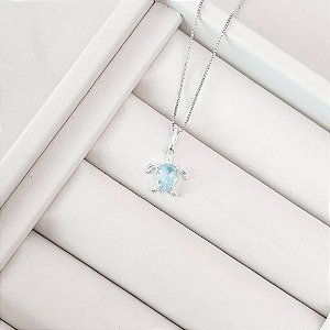 Colar pingente tartaruga com zircônia gota azul 12mm 45cm