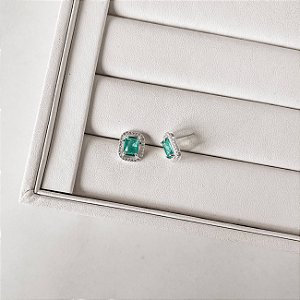 Brinco zircônia retangular acqua com cravejado 13mm