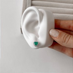 Brinco zircônia coração verde fusion com cravejado 9mm