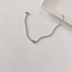 Pulseira Riviera 2.5 detalhe zircônia coração rosa 16,5cm com alongadora ródio