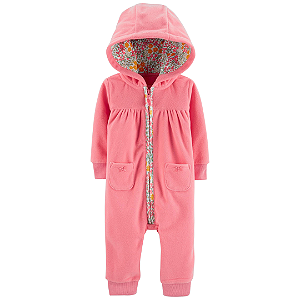 Jumpsuit Fleece com Gorro Rosa com florzinhas