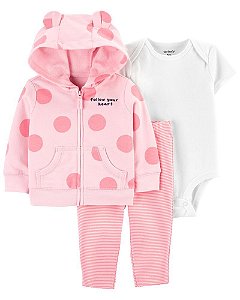kit 3 peças body, calça e blusa de frio bola rosa