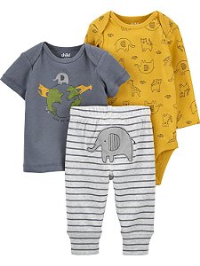 Trio com Body Manga Longa, Camiseta e Calça Elefante