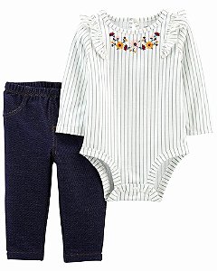 Conjunto 2 peças Luxo com Calça Jeans e Body Manga Longa Bordado