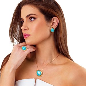 Colar Sara Pedra Natural Ágata Azul Céu Perolizada