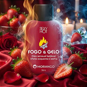 Fogo e Gelo Morango - Óleo Excitante Beijável Esquenta e Esfria - 38ml