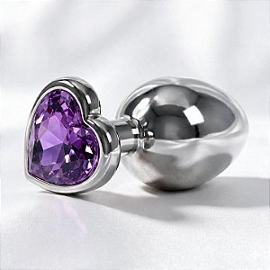 Plug Anal De Aço Prata Pequeno em Forma de Coração 7x3cm Cristal Roxo