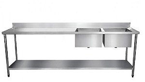 Pia com 2 Cubas Direitas 2.90m com prateleira inferior lisa - Inox 100% - [NOVA]