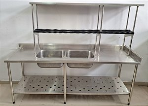 Bancada com 2 cubas / pia prateleira inferior e passa pratos - 2.20m Inox 304 [Usada]