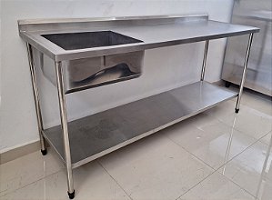 Pia cuba esquerda / Bancada de Inox com prateleira inferior lisa 1.90 x 60 x 90 [Usada]