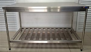 Bancada / Mesa de Aço Inox 304 com Prateleira Inferior Gradeada - 1.5m x 70cm x 90cm - [Usada]