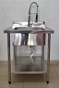Bancada / Pia totalmente em Aço Inox com torneira e sifão inclusos - 70x70x90 Cuba 25x50x40 [Seminovo]