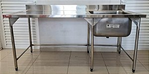 Bancada de Inox 304 com cuba / pia direita 2m x 70cm Cuba: 60x50x40 - Alfatec [Seminova / Sem uso]