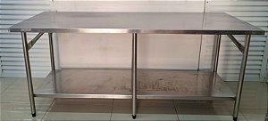 Bancada / Mesa de Inox com prateleira lisa e 6 pés - Reforçada 2m x 70cm - Fritomaq  [Usada]