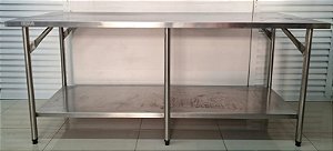 Bancada / Mesa de Inox 2.20m x 80cm com prateleira inferior e 6 pés reforçada [Usada]