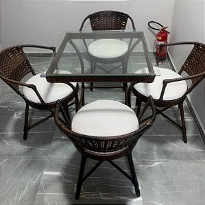 Jogo / Conjunto com 04 Cadeiras + Mesa 70cm Tampo de Vidro Tecido Náutico [Seminovo]
