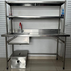 Bancada com Pia Cuba Esquerda c/ Prateleira Superior 2 Planos + Caixa de Gordura Inox 304 - 1.5m x 60cm x 85cm [Seminova]