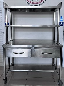 Bancada Lisa com 02 Gavetas e Prateleira Superior Dupla + Rodízios - 1.20m x 70cm x 1.73m - Elvi [Usada]