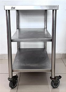 Bancada / Aparador de Inox com 02 Prateleiras + Rodízios 50x70cm - Elvi [Usada]