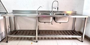 Bancada / Pia de Aço Inox 304 Com duas Cubas 2.60m x 60cm x 95cm [Usada] * Completa com Torneiras