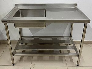 Bancada / Pia com cuba lado esquerdo Inox C/ prateleira inferior gradeada 1.20m x 65cm x 90cm - Fritomaq [Usada]