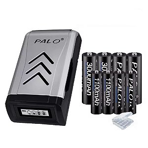 Kit Carregador Palo + 4 Palo AA 3000mAh + 4 AAA 1100mAh