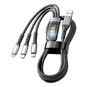 Cabo Turbo 3 em 1 USB-C Lightning Micro USB 100W 1,2m Carregamento Rápido Reforçado