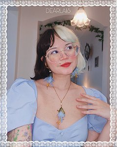 Conjunto Colar + Brinco Azul da flor Brinco-de-Princesa