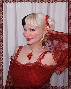 Conjunto Colar + Brinco Vermelho da flor Brinco-de-Princesa