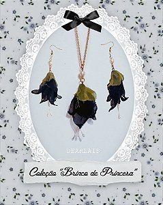Conjunto Colar + Brinco Preto da flor Brinco-de-Princesa