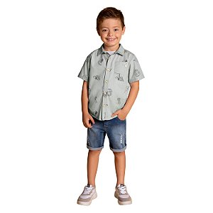 Camisa Manga Curta Infantil Menino Masculino Social Estampada  Milon 13939