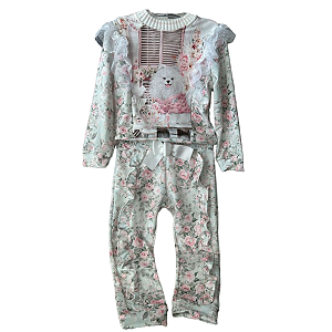 Conjunto Blusão Manga Longa Aplicação Pedras Babados Calça