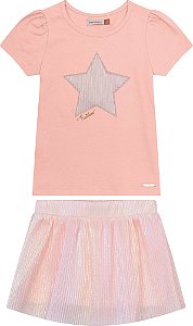 Conjunto Blusa Manga Curta+Saia Brilho Estilosa Menina Rosa