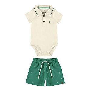Conjunto Body Manga Curta e Bermuda Bebê Menino Verde