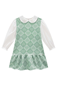 Vestido Manga Longa Curto Infantil Menina Verde Gola Bordado