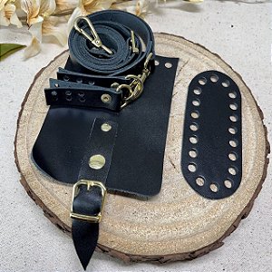 Kit Mini Bag Couro 10x14cm Preto & Dourado