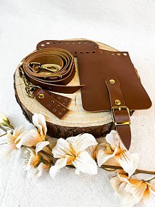 Kit Mini Bag Couro 10x14cm Marrom & Dourado