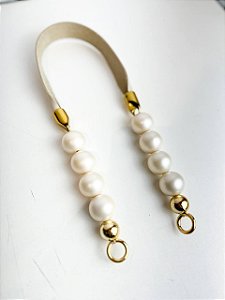 Alça Midi Couro+Queen Bee 2,5x60cm  - Bege/Dourado/Pérola